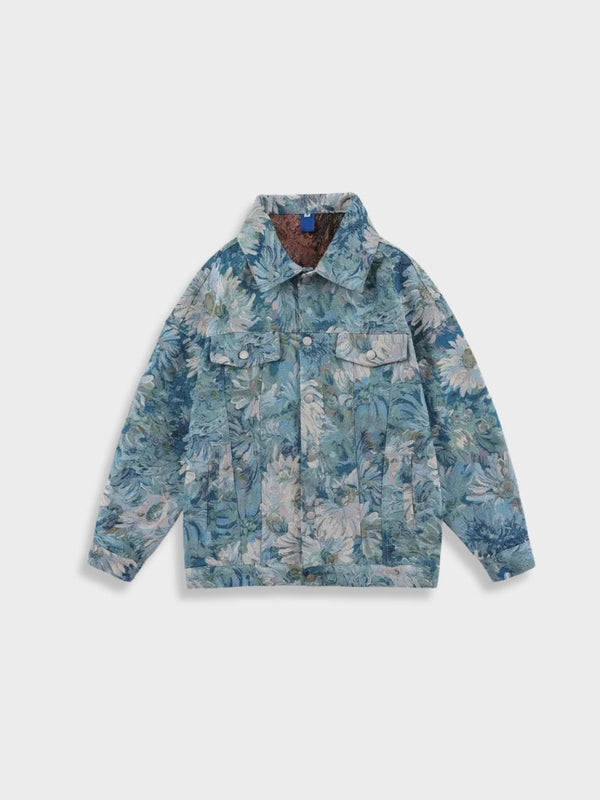 Giacca di jeans con fiori dipinti ad olio